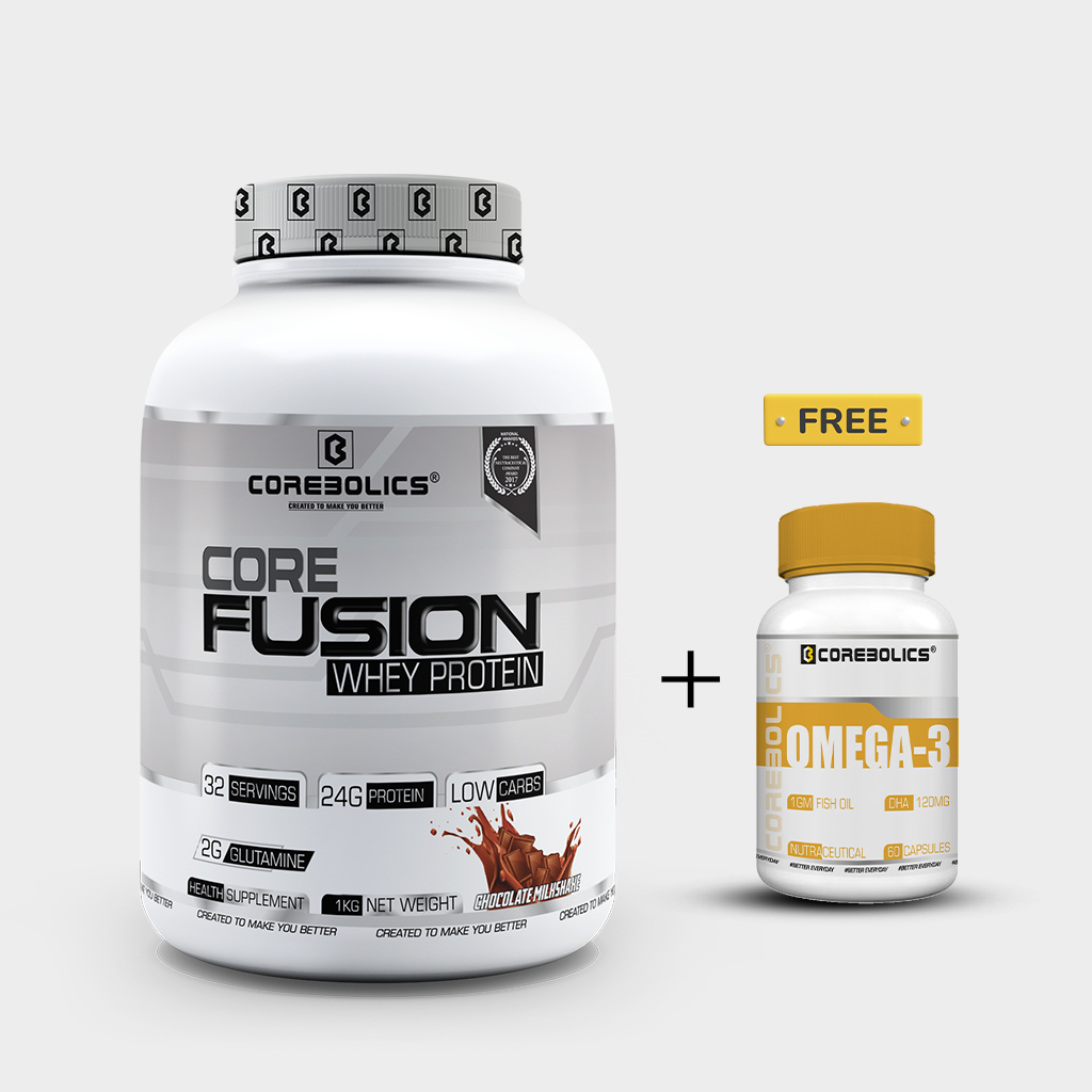 Corebolics Core Fusion Whey Protein  (1 kg, 28 Servings ) + FREE OMEGA-3 (30 CAPSULES )