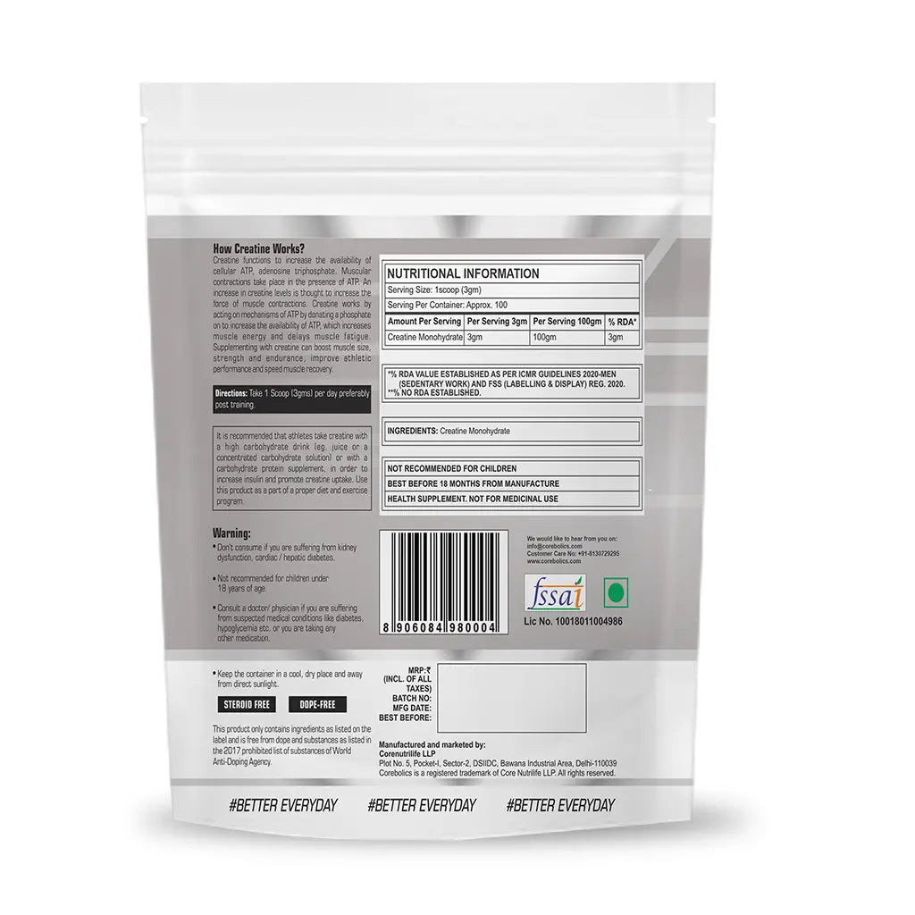 Corebolics Creatine Monohydrate Micronized Powder(Unflavored, 300 gm, 100 Servings)