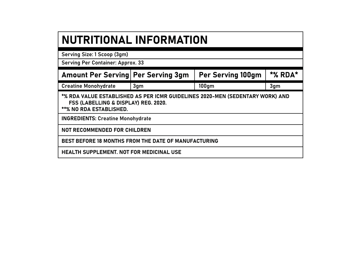CREATINE MONOHYDRATE ( 100 GM, 33 SERVINGS )