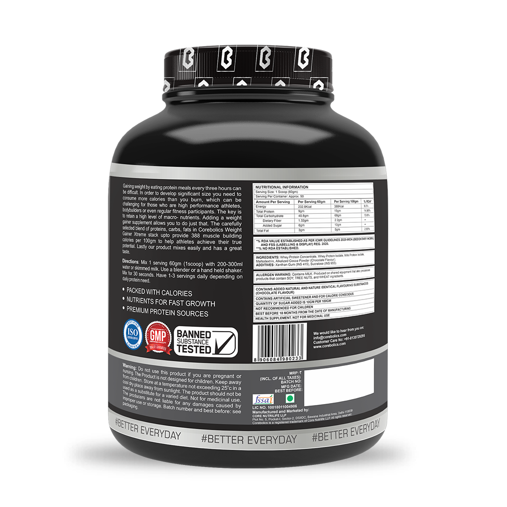 Corebolics Weight Gainer Xtreme(Chocolate, 3 kg, 50 Servings) + FREE T-SHIRT