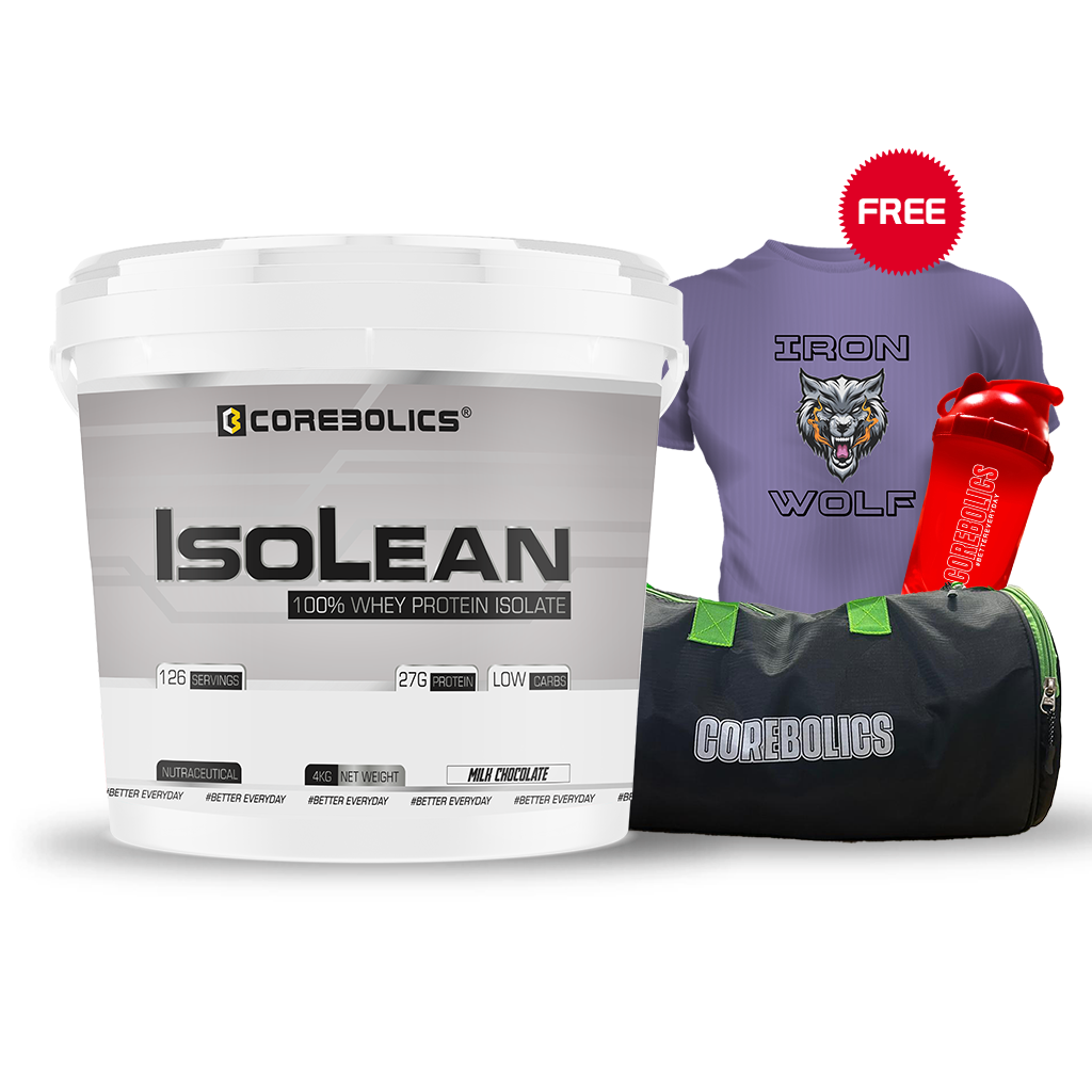 Corebolics Isolean -100% Whey Protein Isolate (4 kg, 126 Servings) + FREE GYM BAG,T-SHIRT and SHAKER