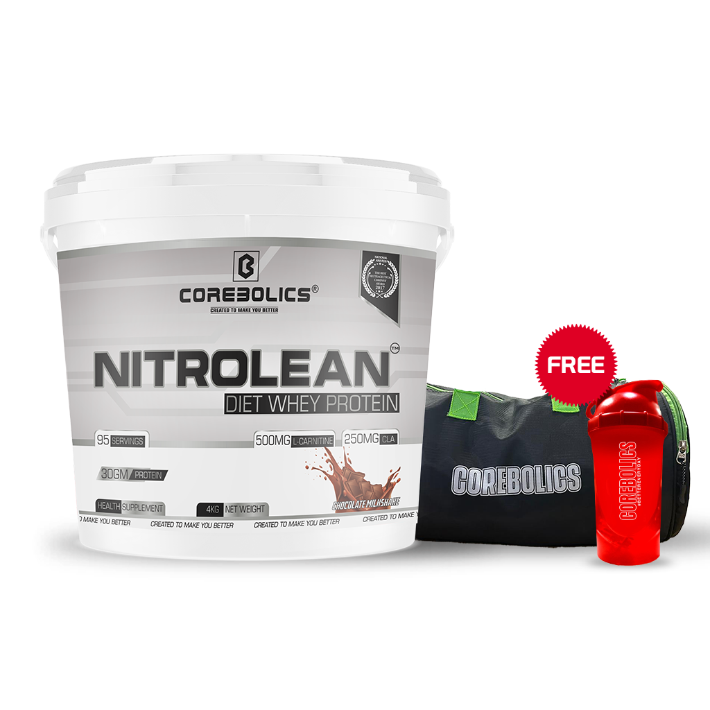 Corebolics Nitrolean - Diet Whey Protein(4 kg, 95 Servings) + FREE GYM BAG and SHAKER