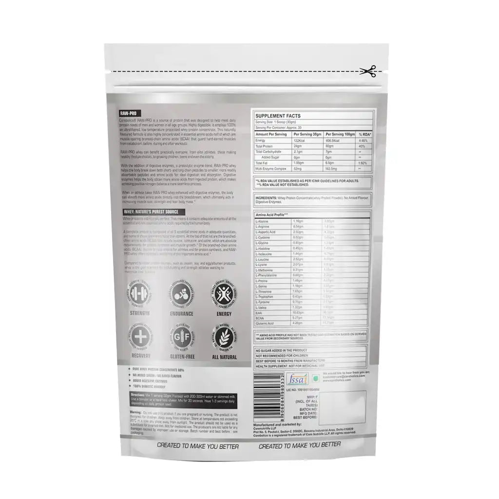 Corebolics Raw - Pro Natural Whey Concentrate + Digestive Enzymes(Unflavoured, 1 kg, 33 Servings)