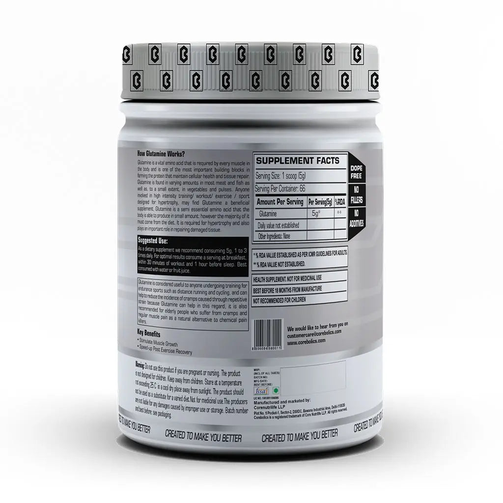 Corebolics Glutamine(Unflavored, 330 gm, 66 Servings)