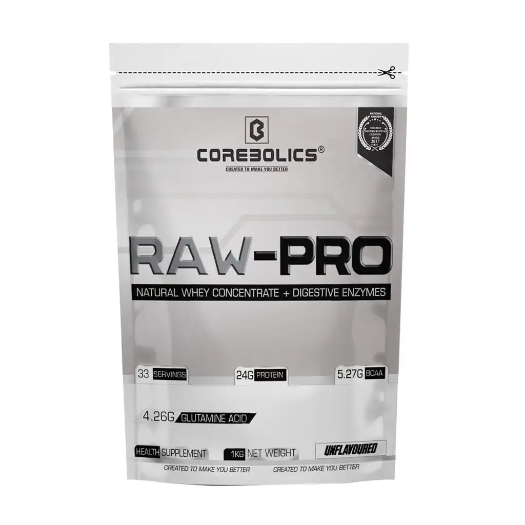 Corebolics Raw - Pro Natural Whey Concentrate + Digestive Enzymes(Unflavoured, 1 kg, 33 Servings)