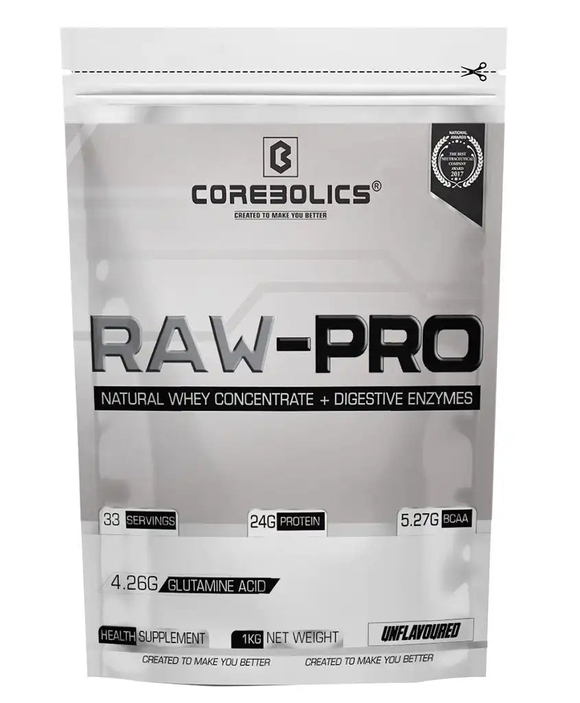 Corebolics Raw - Pro Natural Whey Concentrate + Digestive Enzymes(Unflavoured, 1 kg, 33 Servings)