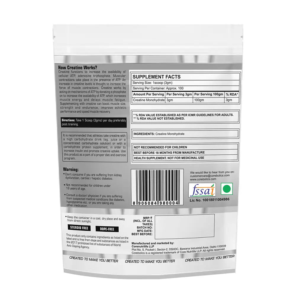 CoreBolics Creatine Monohydrate Micronized Powder(Unflavored, 300 gm, 100 Servings)